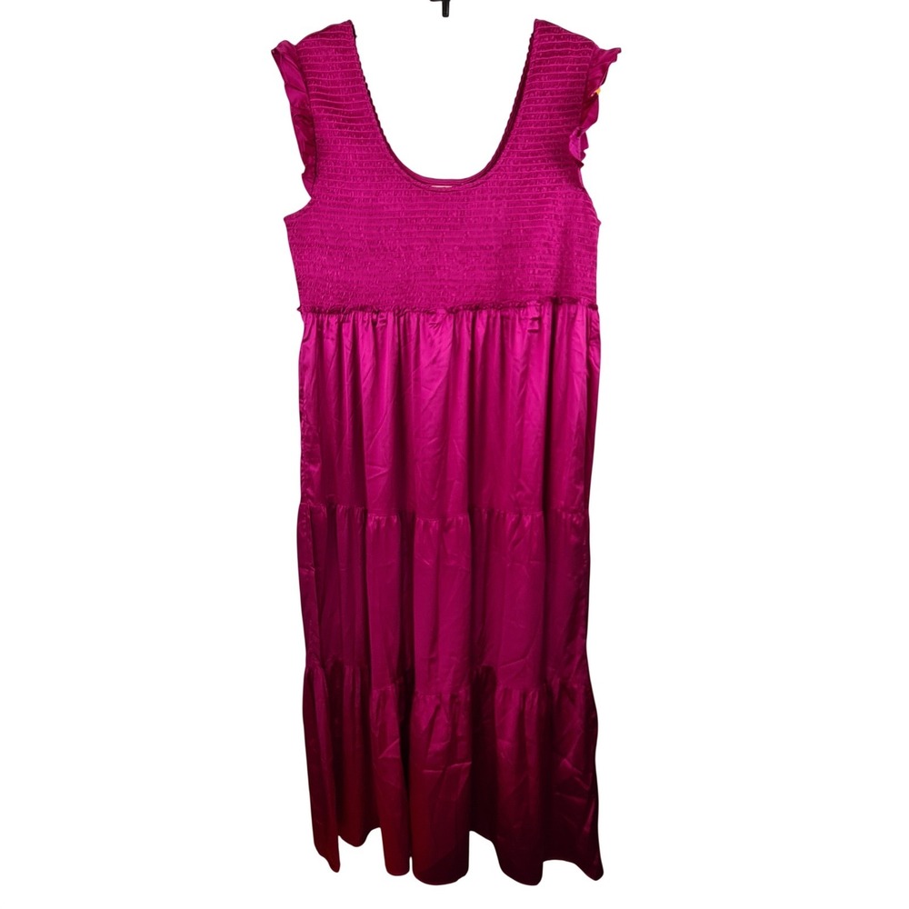 Natural Life Women XL Smocked Tiered Maxi Dress Magenta Pink Ruffle Satin Finish